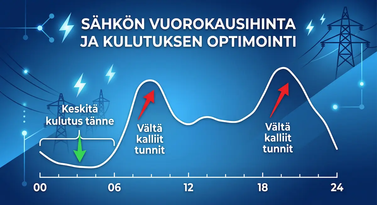 Kaavio pörssisähkön vuorokausihinnan vaihtelusta ja sähkönkulutuksen keskittämisestä edullisille yötunneille.